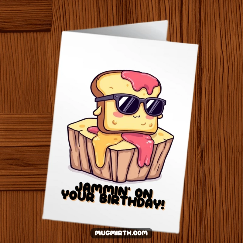 Funny free printable birthday card: a bewildered toast in sunglasses falls off a jam cliff, embracing the chaos.
