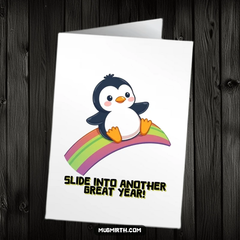 Funny Free Printable Birthday Card: Happy penguin belly-sliding down a vibrant rainbow with glee.