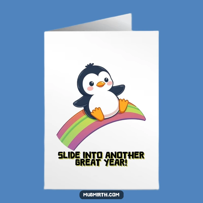 Free Printable Birthday Card: Penguin Rainbow Slide - Funny Joyful Downloadable Gift