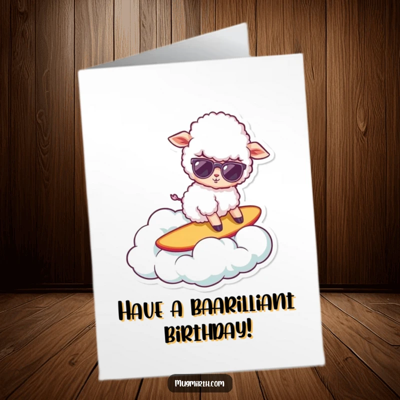 Funny Free Printable Birthday Card: a fluffy sheep in sunglasses surfing a cloud, perfect for a fun-loving person.