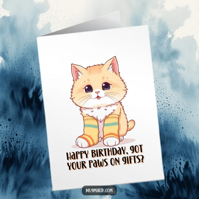 Funny Free Printable Birthday Card: A fluffy cat comically attempts to wear mismatched, oversized socks.