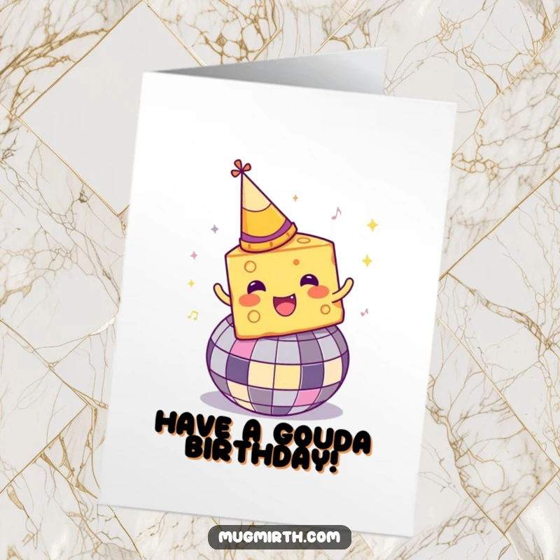 Funny Free Printable Birthday Card featuring a piece of cheese in a party hat, spinning wildly on a disco ball, pure joy.
