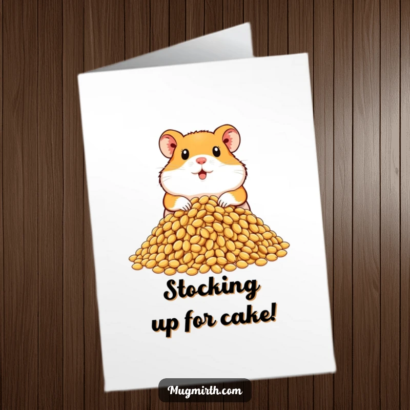 Funny free printable birthday card featuring a proud hamster proudly displaying a colossal pile of sunflower seeds.