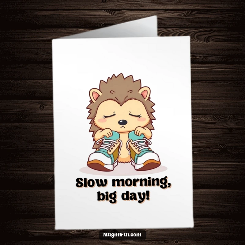 Funny Free Printable Birthday Card showing a sleepy hedgehog struggling comically with oversized sneakers, looking utterly confused.