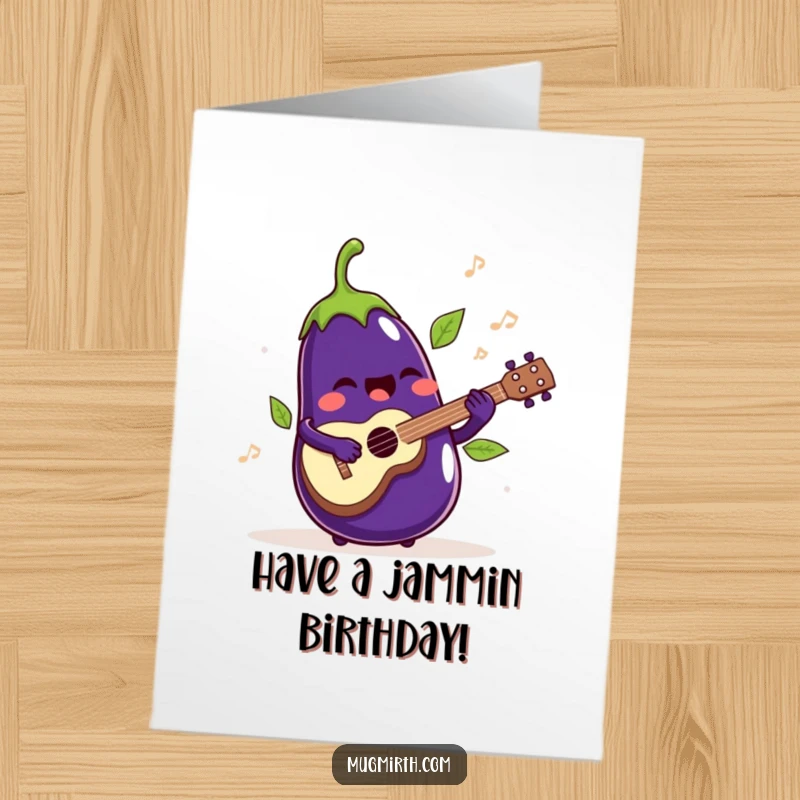 Funny Free Printable Birthday Card: Singing eggplant playing ukulele, leaves jiggling, happy birthday.