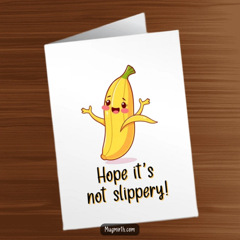 Funny Free Printable Birthday Card featuring a cheerful banana cartoonishly slipping on its peel, limbs flailing wildly in the air.