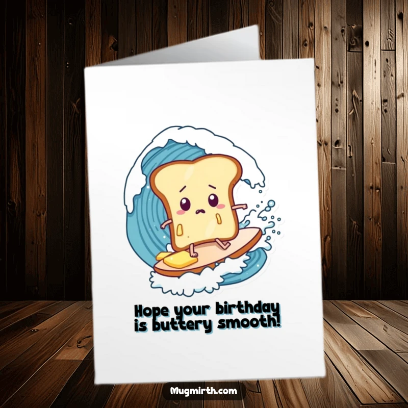 Funny Free Printable Birthday Card: Bewildered toast slice with butter slides down a giant wave, looking surprisingly adventurous.