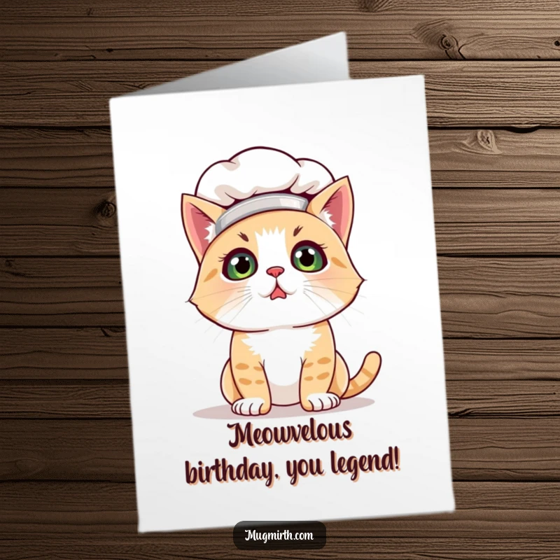 Funny free printable birthday card: A bewildered cat in a chef hat dusted with flour, looking confused yet adorable.