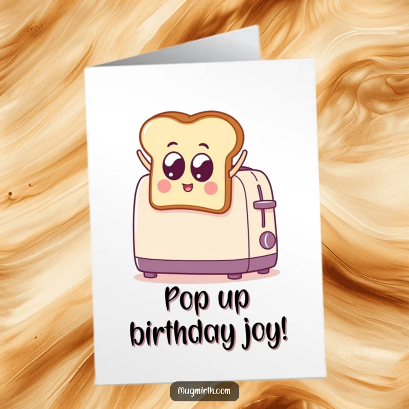 Funny Free Printable birthday card featuring a googly-eyed toast character jumping into a toaster, perfect for a breakfast enthusiast.