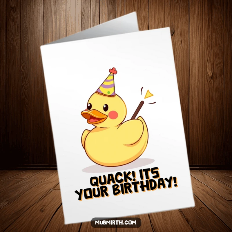 Funny Free Printable Birthday Card: A rubber duck in a party hat is launched from a slingshot, celebrating your birthday.