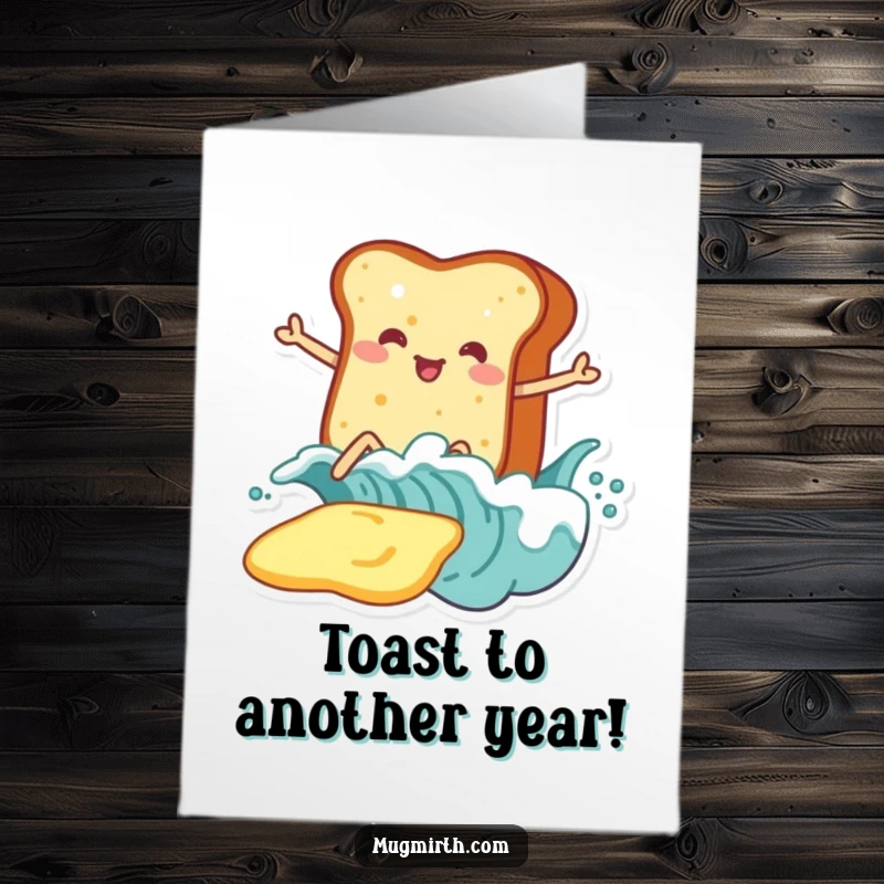 Funny Free Printable Birthday Card: A piece of toast with legs enthusiastically surfs a big wave of butter.
