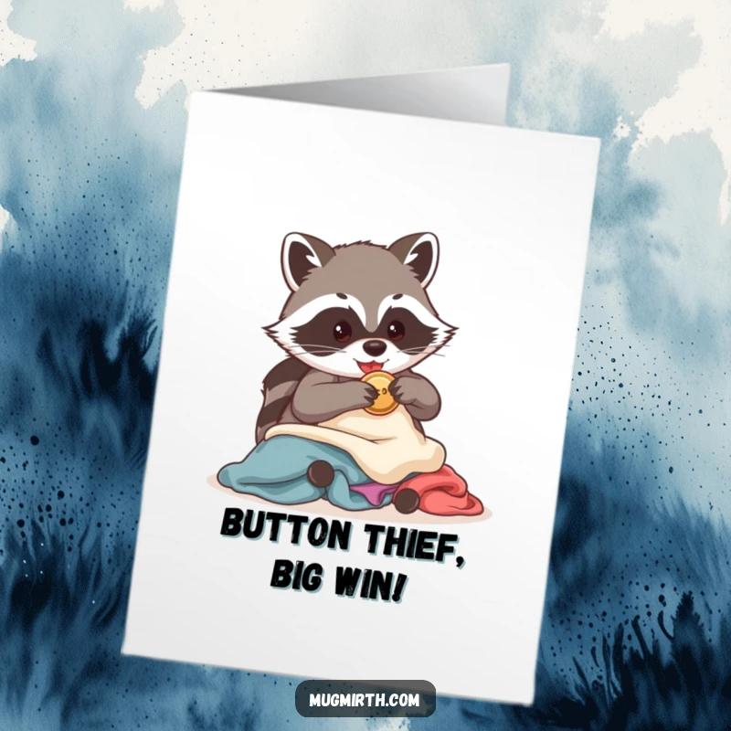 Funny Free Printable Congratulations Card: A sneaky raccoon pilfering a shiny button, ideal for celebrating wins.