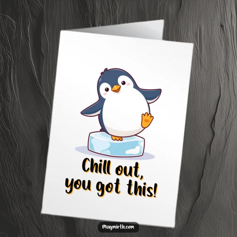 Funny Free Printable Congrats Card: Penguin balancing unsteadily on an ice cube, celebrating wins with downloaded humor.