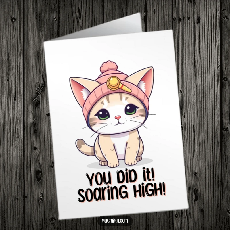 Funny free printable congrats card: A cat with a propeller beanie and big ears attempts flight, celebrating your amazing success with humor.