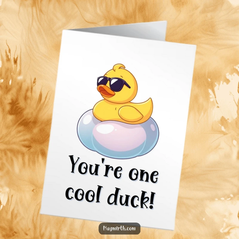 Funny free printable congratulations card showing a sunglass-wearing rubber ducky chilling on a massive, wobbly jellybean.