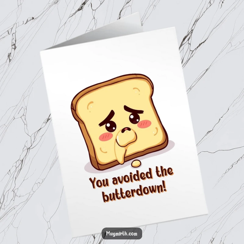 Funny Free Printable Congratulations Card: A slice of toast falling butter-side down, humorously congratulating them on overcoming challenges.