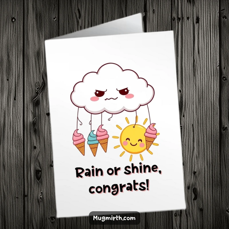 Free Printable Congratulations Card: A grumpy cloud rains ice cream cones onto a happy sun, celebrating your sweet victory.