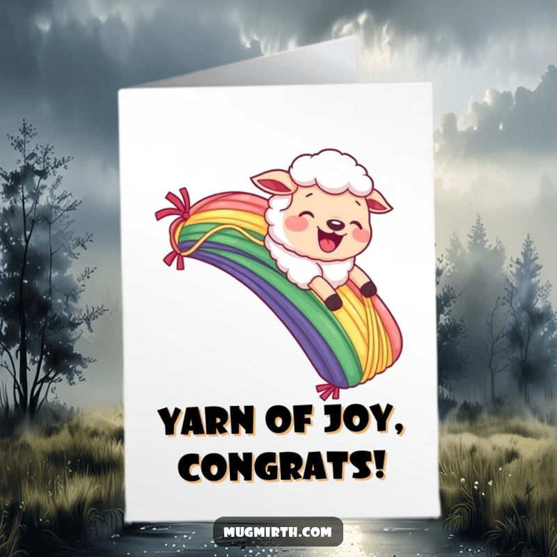 Free Printable Congratulations Card: A happy sheep joyfully slides down a vibrant rainbow made of colorful yarn.