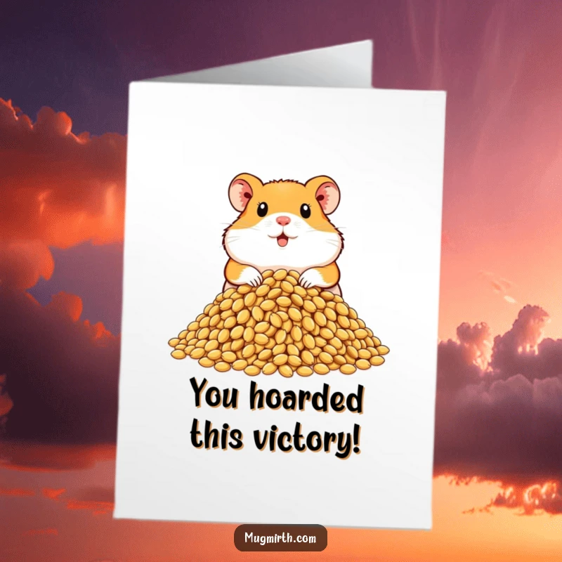 Amusing free printable congratulations card of a proud hamster showing off an enormous pile of sunflower seeds.