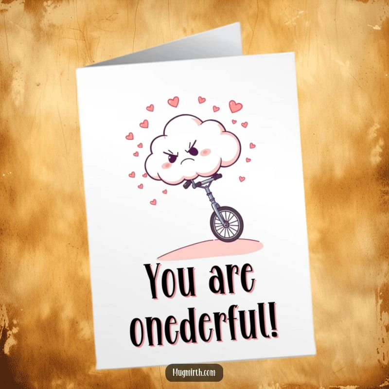 Funny Free Printable Congratulations Card: Grumpy cloud unicycling downhill, raining hearts, celebrating success.