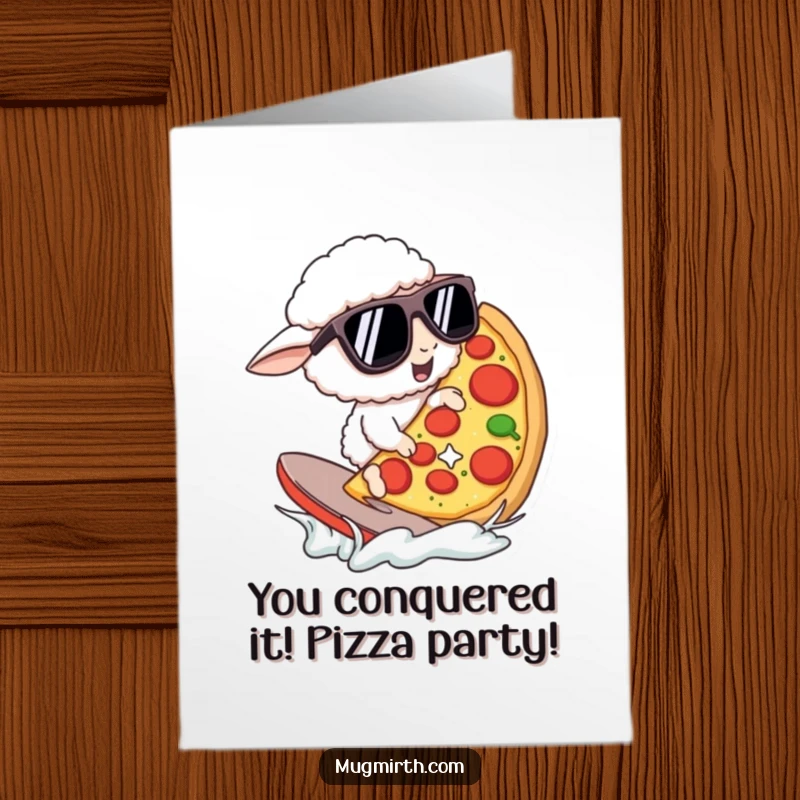 Funny Free Printable Congrats Card: Sheep in sunglasses surfing pizza, celebrating an awesome achievement.