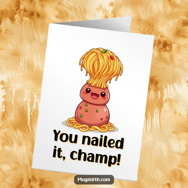 Funny Free Printable Congratulations Card: Spaghetti balancing on a meatball in a headstand, humorous.