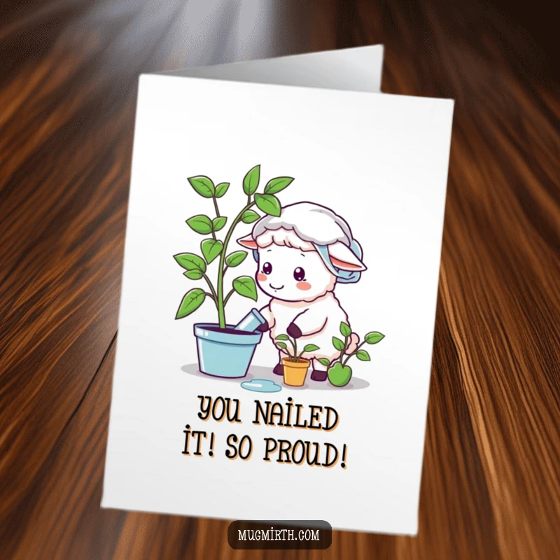 Funny free printable congratulations card: Sheep in shower cap waters a plastic plant, a quirky DIY gift.