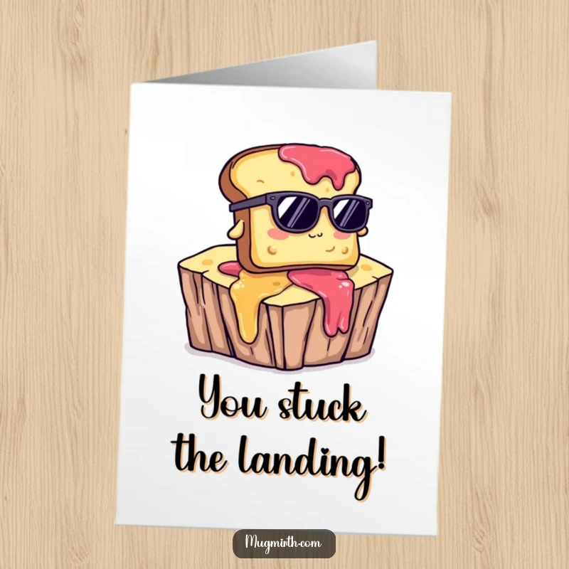 Funny free printable congratulations card: a cool toast in sunglasses tumbles off a sweet jam cliff, celebrating accomplishment.