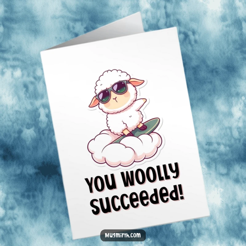 Funny Free Printable Congratulations Card featuring a sheep in shades surfing a cloud, signifying a major, stylish success.