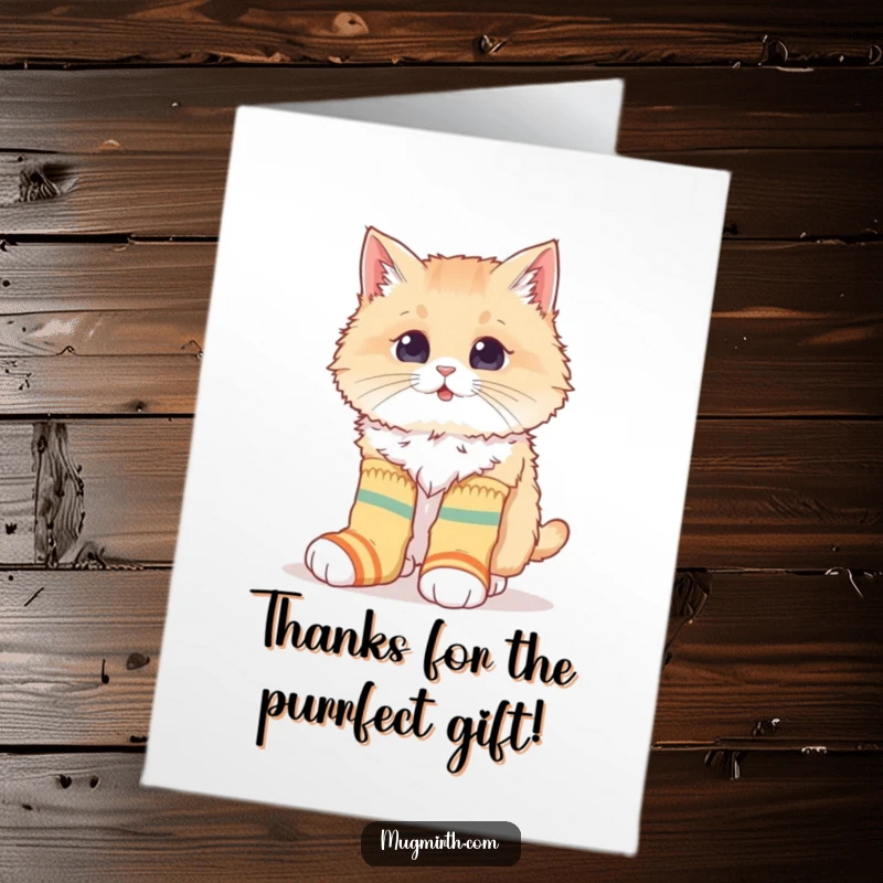 Funny Free Printable Thank You Card: A fluffy cat attempts to wear oversized, mismatched socks, sending thanks.