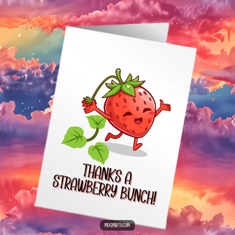 Funny free printable thank you card: A strawberry with arms and legs tripping spectacularly over its own vine, full of motion.