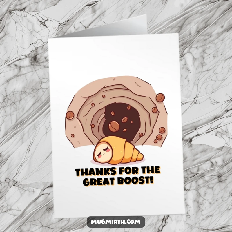 Funny free printable thank you card depicting a sleepy croissant being pulled into a wormhole by a rogue coffee bean.