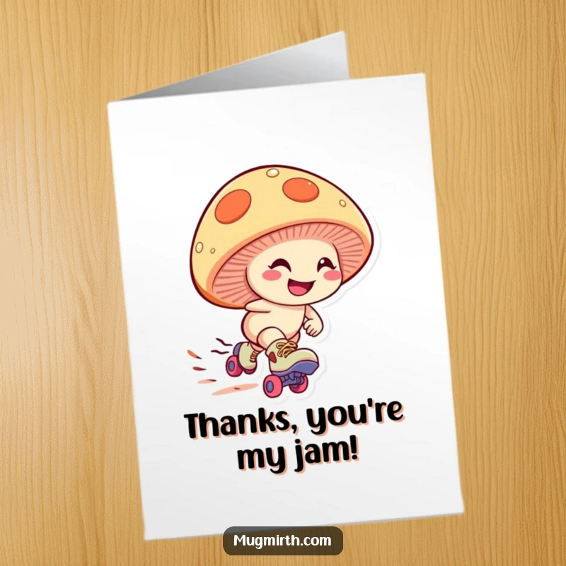 Funny Free Printable Thank You Card: Giggling mushroom on roller skates, zooming downhill with a determined grin, a fun way to say thanks.