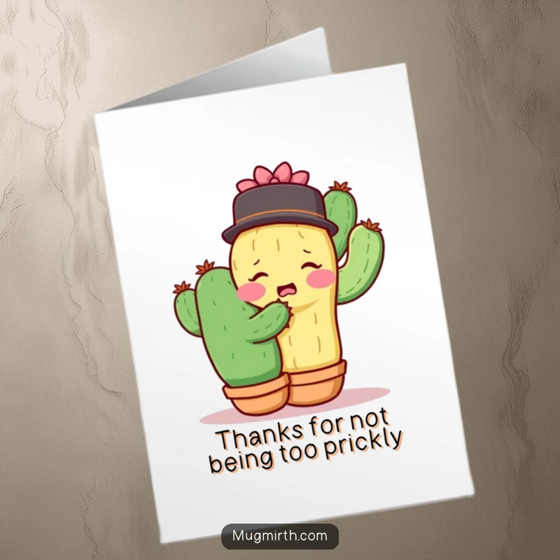 Funny free printable thank you card illustrating a shy cactus's surprised reaction after trying to hug another cactus.