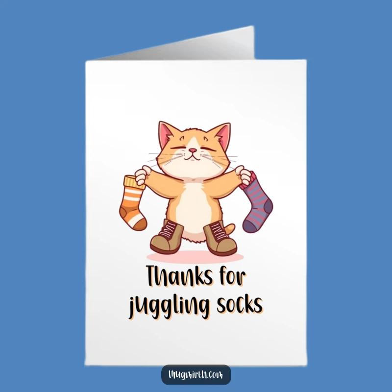 Free Printable Thank You Card: Sock Juggling Cat, Funny Downloadable Appreciation Gift