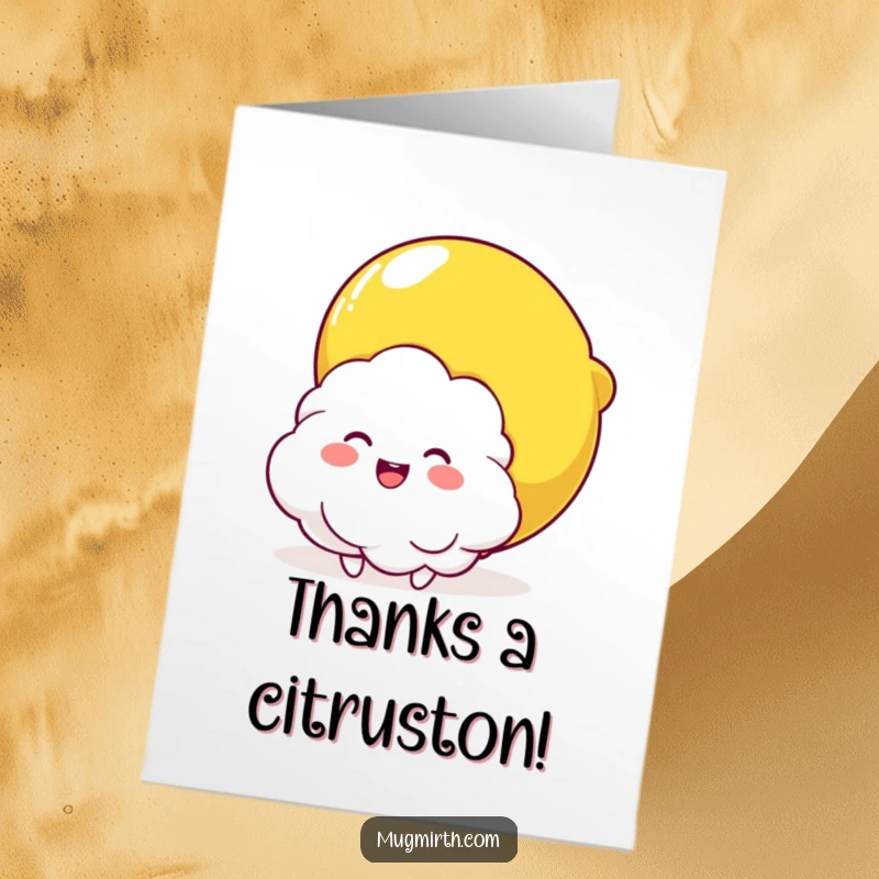 Funny Free Printable thank you card where a happy cloud character is joyfully squeezed by a giant, smiling lemon, conveying thanks.