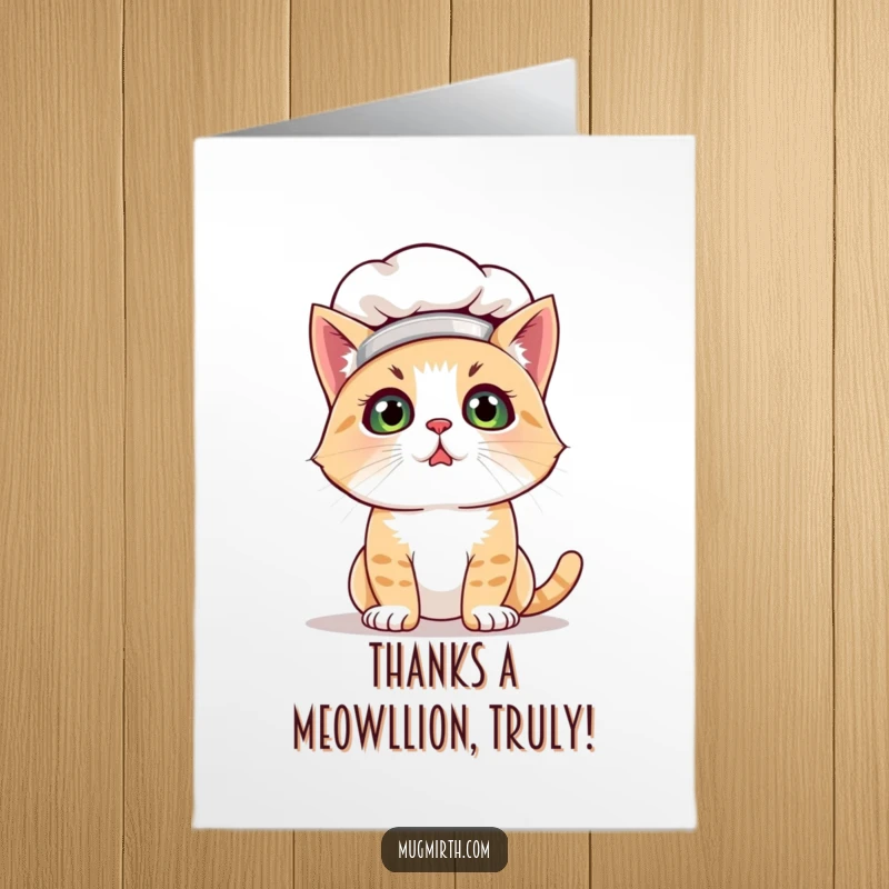 Funny free printable thank you card: A bewildered cat chef dusted in flour, offering a hilariously clumsy token of thanks.