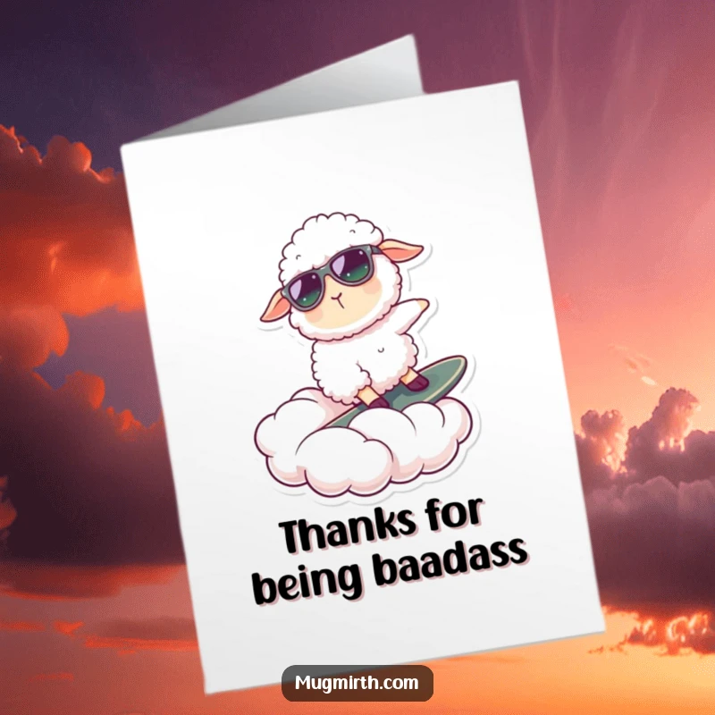 Funny Free Printable Thank You Card of a sheep rocking sunglasses while surfing a cloud, a thank you with serious style.