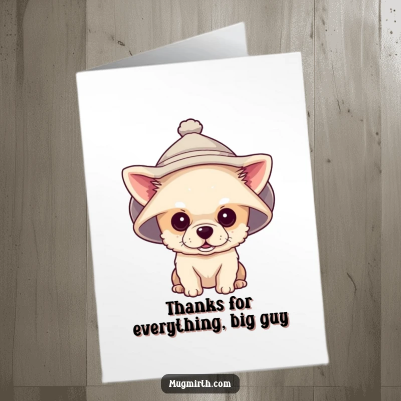 Funny free printable thank you card of a tiny dog wearing a giant hat that completely obscures its vision.
