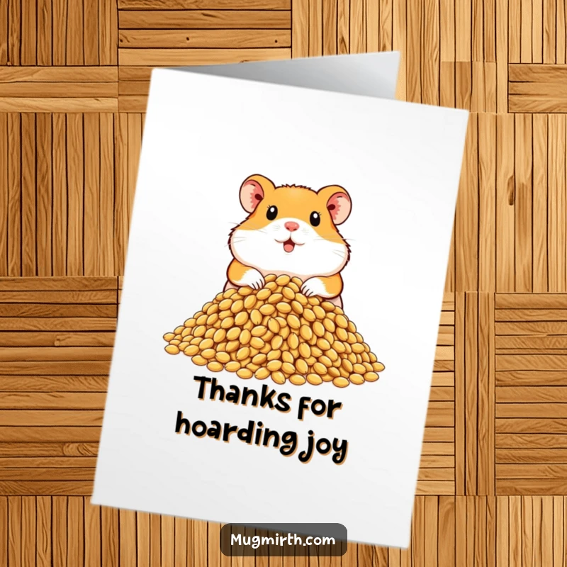 Cute free printable thank you card featuring a proud hamster guarding a massive pile of sunflower seeds.