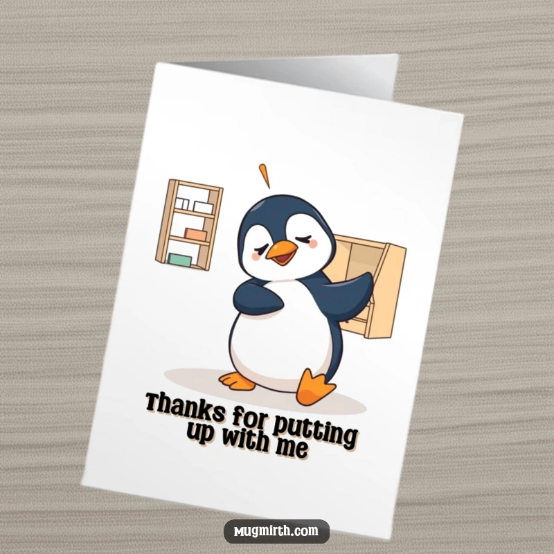 Funny Free Printable Thank You Card: Penguin giving a thumbs up, surrounded by scattered flat-pack furniture parts, looking relieved.