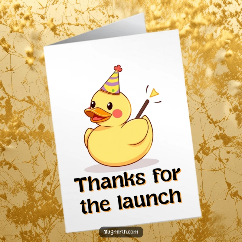 Funny Free Printable Thank You Card: A rubber duck in a party hat is launched from a slingshot, expressing thanks playfully.