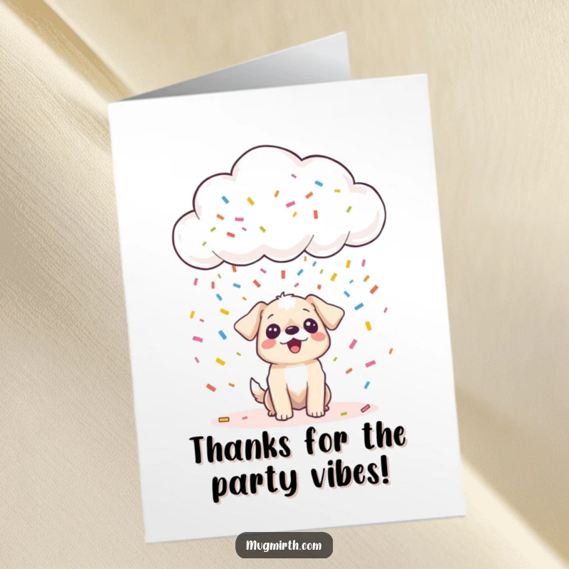 Funny free printable thank you card: Cloud rains confetti on a tiny surprised dog, a delightful DIY gift.