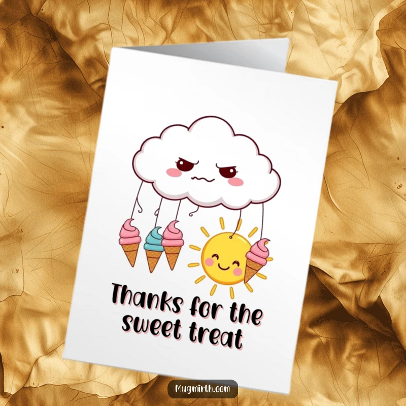 Funny Free Printable Thank You Card: A grumpy cloud rains ice cream cones onto a happy sun, expressing thanks sweetly.