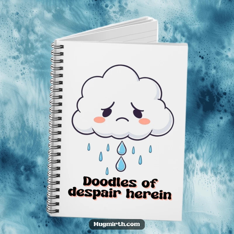 Funny grumpy cloud holding a single sad raindrop, on a notebook, perfect for jotting down funny thoughts, a funny gift.