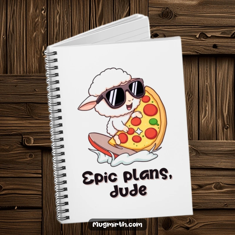 Funny Notebook: A sheep in oversized sunglasses surfs a giant pizza slice. Great for notes and a funny gift.