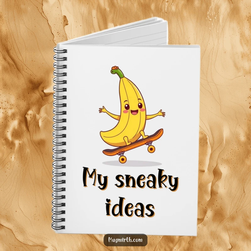 Funny banana peel notebook, a smiling banana peel attempting to trip a skateboard, perfect for notes and funny thoughts.