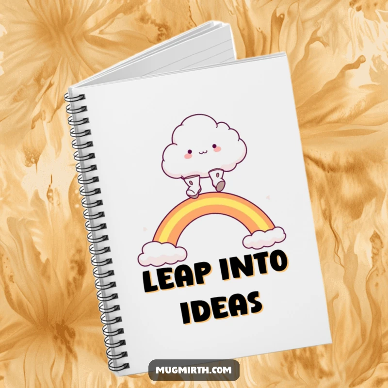 Funny fluffy cloud character in little boots, leaping over a rainbow, perfect for journaling. A functional and funny notebook.