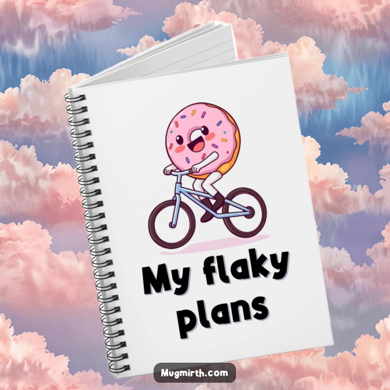 Funny donut notebook, a donut character wobbling on a unicycle, perfect for notes and sweet thoughts.