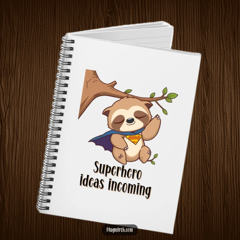 Funny Notebook: A sleepy sloth in a superhero cape, humorously losing balance on a branch, perfect for jotting notes.